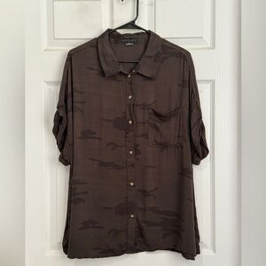 Sanctuary Army Print Boxy Button Down Blouse XL Boho Utility Top